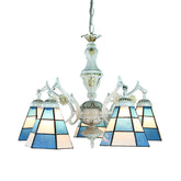 Tiffany Style Chandelier Light with Stained Glass Indoor Lighting for Foyer - Blue, 5 Lights, Adjustable Chain